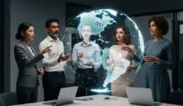 Megatendências - cenários e terrenos globais - Pessoas em volta de uma mesa analisando um holograma do mundo