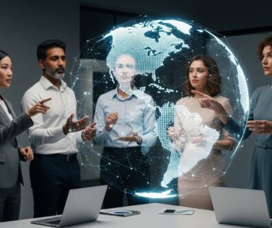 Megatendências - cenários e terrenos globais - Pessoas em volta de uma mesa analisando um holograma do mundo