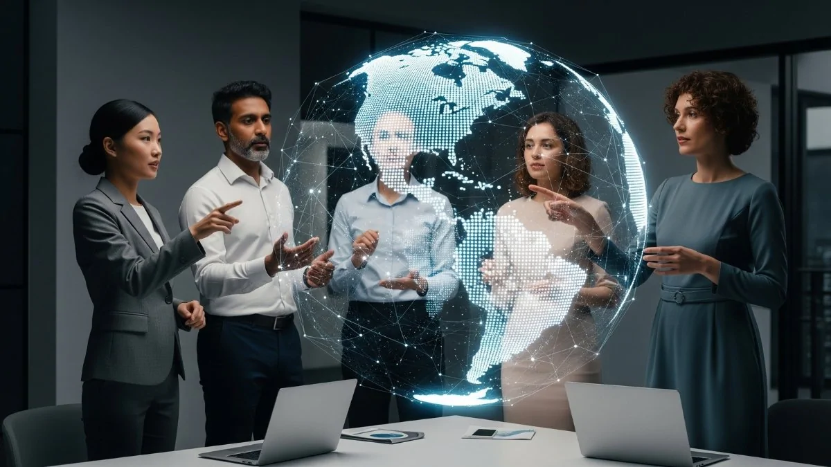 Megatendências - cenários e terrenos globais Megatendências - cenários e terrenos globais - Pessoas em volta de uma mesa analisando um holograma do mundo